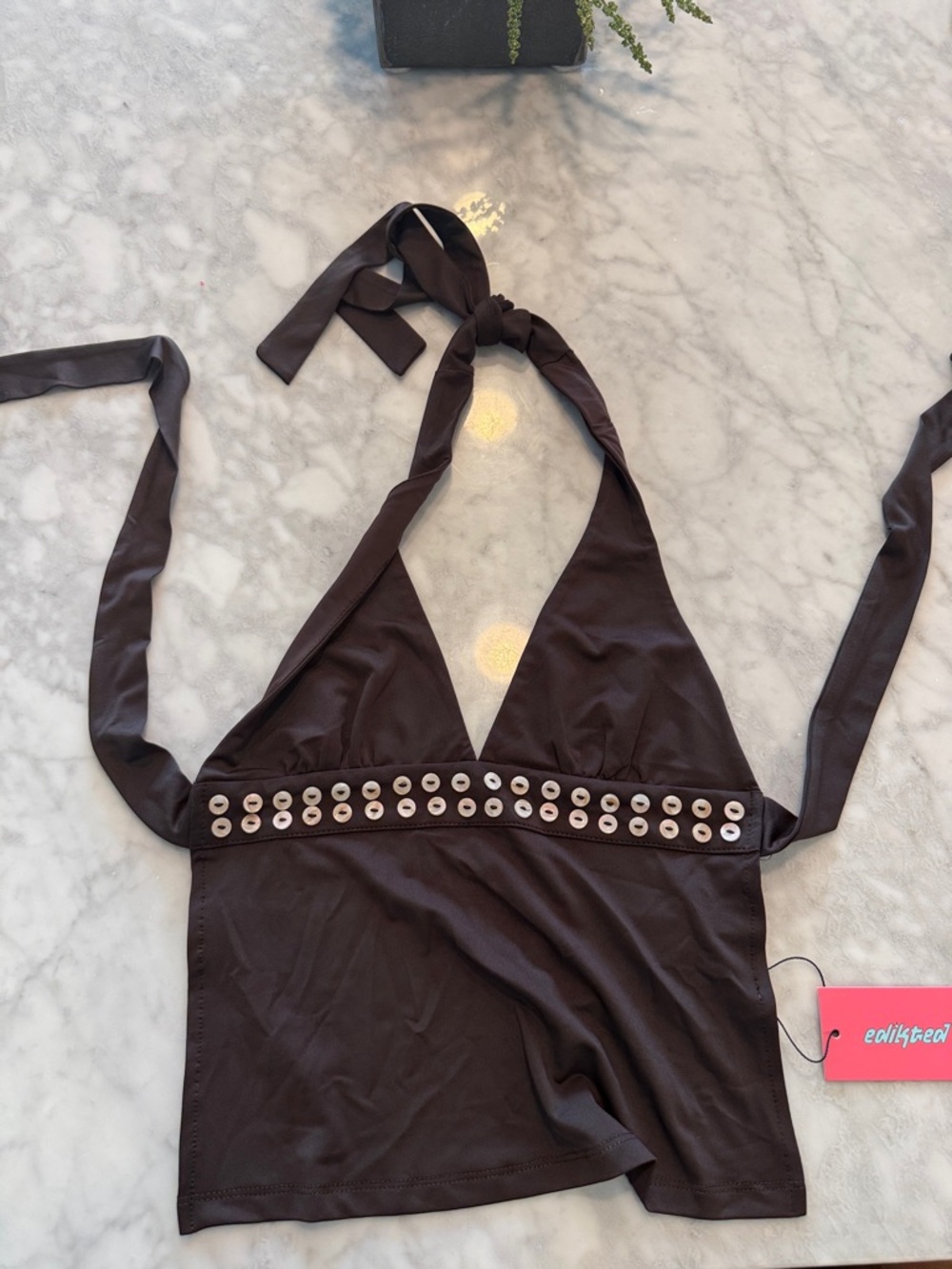 Edikted Brown Halter Eyelet Accent Top